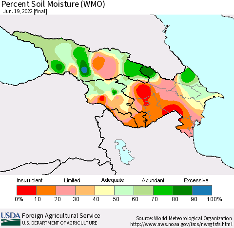 Azerbaijan, Armenia and Georgia Percent Soil Moisture (WMO) Thematic Map For 6/13/2022 - 6/19/2022