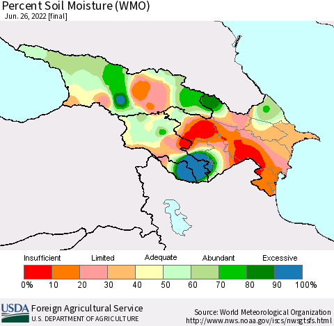 Azerbaijan, Armenia and Georgia Percent Soil Moisture (WMO) Thematic Map For 6/20/2022 - 6/26/2022