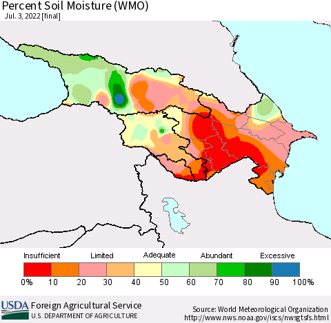 Azerbaijan, Armenia and Georgia Percent Soil Moisture (WMO) Thematic Map For 6/27/2022 - 7/3/2022