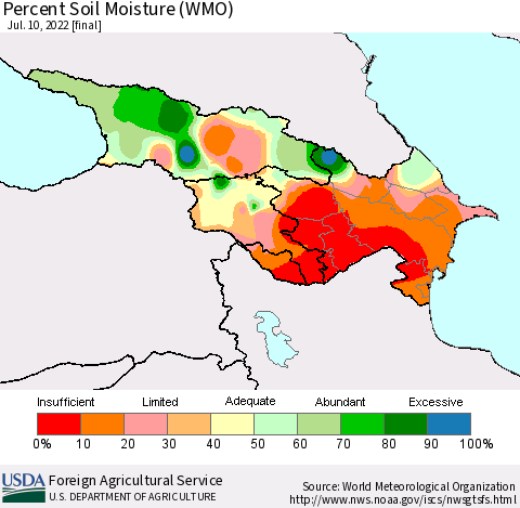 Azerbaijan, Armenia and Georgia Percent Soil Moisture (WMO) Thematic Map For 7/4/2022 - 7/10/2022
