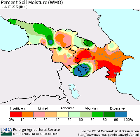 Azerbaijan, Armenia and Georgia Percent Soil Moisture (WMO) Thematic Map For 7/11/2022 - 7/17/2022