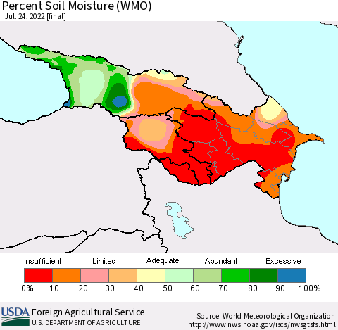 Azerbaijan, Armenia and Georgia Percent Soil Moisture (WMO) Thematic Map For 7/18/2022 - 7/24/2022