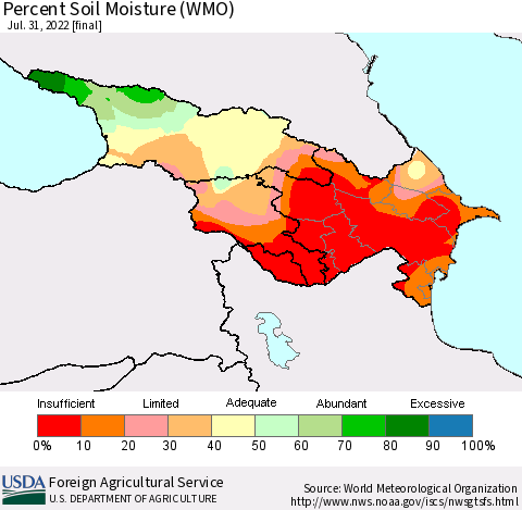 Azerbaijan, Armenia and Georgia Percent Soil Moisture (WMO) Thematic Map For 7/25/2022 - 7/31/2022
