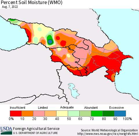 Azerbaijan, Armenia and Georgia Percent Soil Moisture (WMO) Thematic Map For 8/1/2022 - 8/7/2022