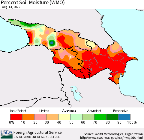 Azerbaijan, Armenia and Georgia Percent Soil Moisture (WMO) Thematic Map For 8/8/2022 - 8/14/2022