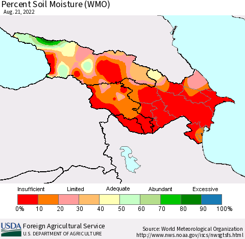 Azerbaijan, Armenia and Georgia Percent Soil Moisture (WMO) Thematic Map For 8/15/2022 - 8/21/2022