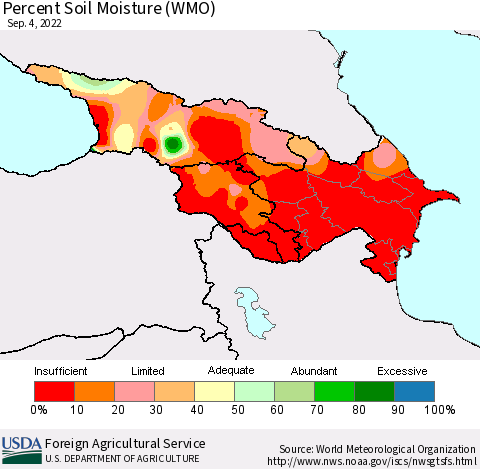 Azerbaijan, Armenia and Georgia Percent Soil Moisture (WMO) Thematic Map For 8/29/2022 - 9/4/2022
