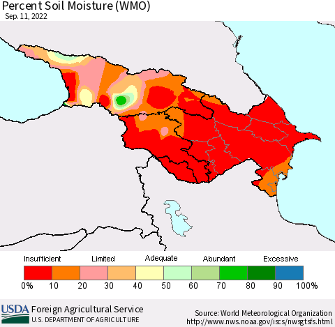Azerbaijan, Armenia and Georgia Percent Soil Moisture (WMO) Thematic Map For 9/5/2022 - 9/11/2022
