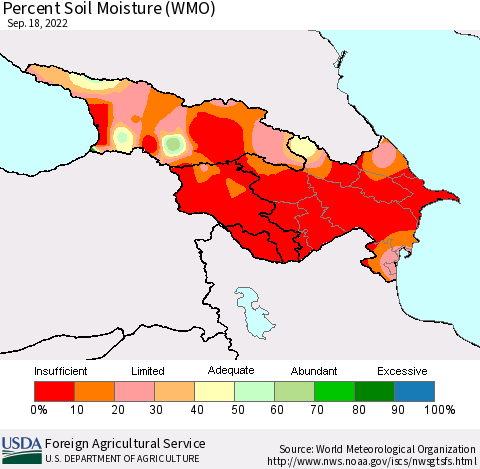 Azerbaijan, Armenia and Georgia Percent Soil Moisture (WMO) Thematic Map For 9/12/2022 - 9/18/2022