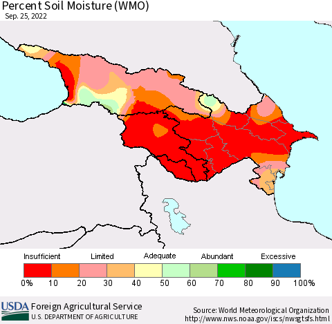 Azerbaijan, Armenia and Georgia Percent Soil Moisture (WMO) Thematic Map For 9/19/2022 - 9/25/2022