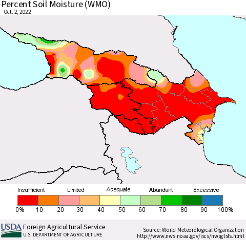 Azerbaijan, Armenia and Georgia Percent Soil Moisture (WMO) Thematic Map For 9/26/2022 - 10/2/2022