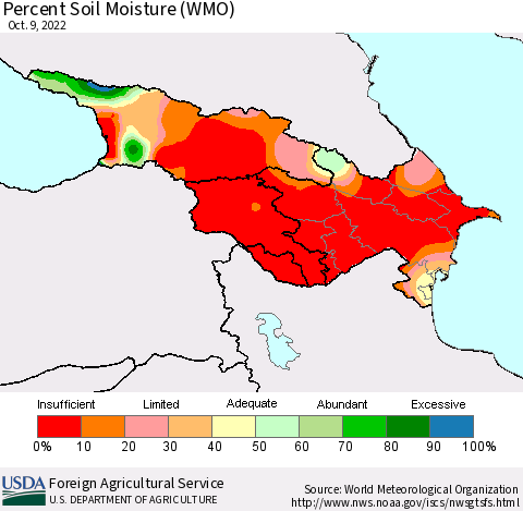 Azerbaijan, Armenia and Georgia Percent Soil Moisture (WMO) Thematic Map For 10/3/2022 - 10/9/2022