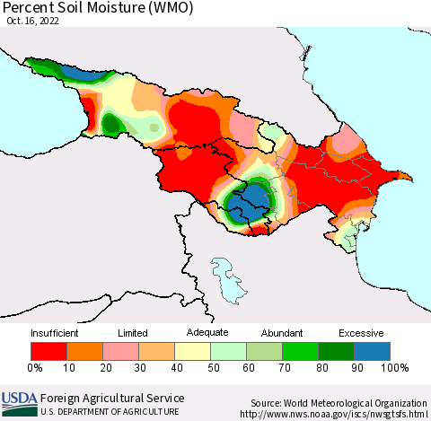 Azerbaijan, Armenia and Georgia Percent Soil Moisture (WMO) Thematic Map For 10/10/2022 - 10/16/2022