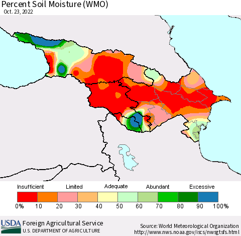 Azerbaijan, Armenia and Georgia Percent Soil Moisture (WMO) Thematic Map For 10/17/2022 - 10/23/2022