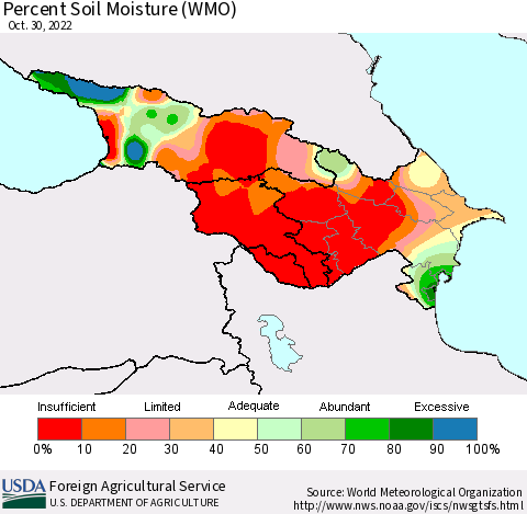 Azerbaijan, Armenia and Georgia Percent Soil Moisture (WMO) Thematic Map For 10/24/2022 - 10/30/2022