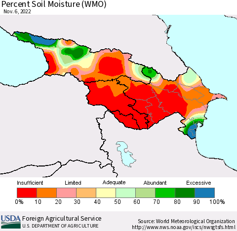 Azerbaijan, Armenia and Georgia Percent Soil Moisture (WMO) Thematic Map For 10/31/2022 - 11/6/2022
