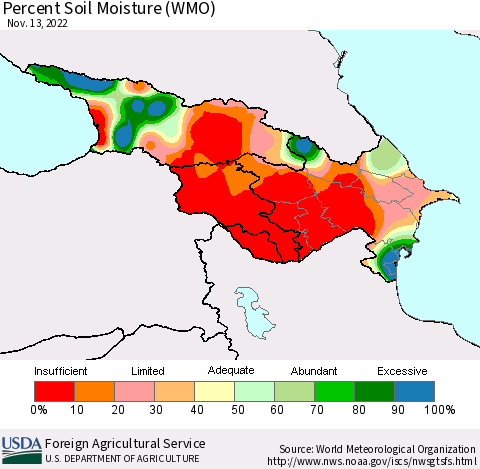 Azerbaijan, Armenia and Georgia Percent Soil Moisture (WMO) Thematic Map For 11/7/2022 - 11/13/2022