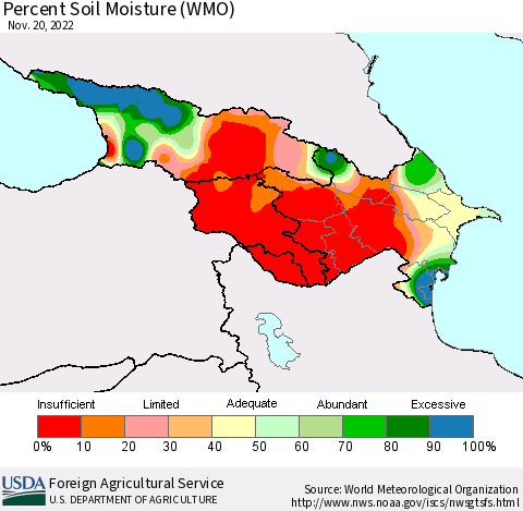 Azerbaijan, Armenia and Georgia Percent Soil Moisture (WMO) Thematic Map For 11/14/2022 - 11/20/2022