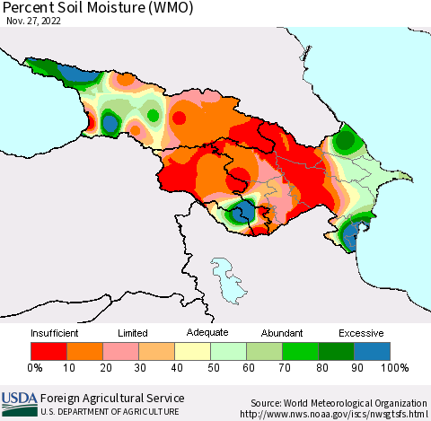 Azerbaijan, Armenia and Georgia Percent Soil Moisture (WMO) Thematic Map For 11/21/2022 - 11/27/2022
