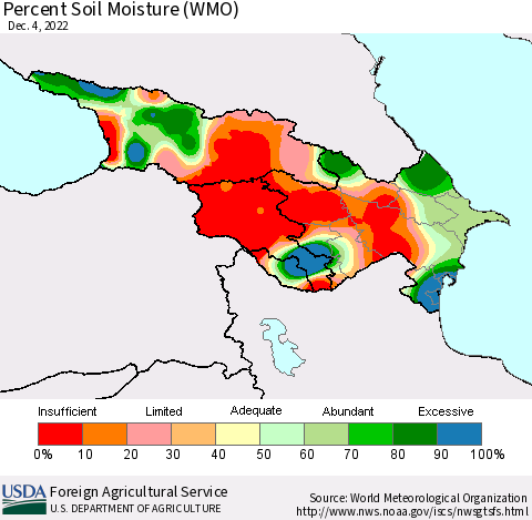 Azerbaijan, Armenia and Georgia Percent Soil Moisture (WMO) Thematic Map For 11/28/2022 - 12/4/2022