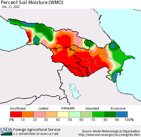 Azerbaijan, Armenia and Georgia Percent Soil Moisture (WMO) Thematic Map For 12/5/2022 - 12/11/2022
