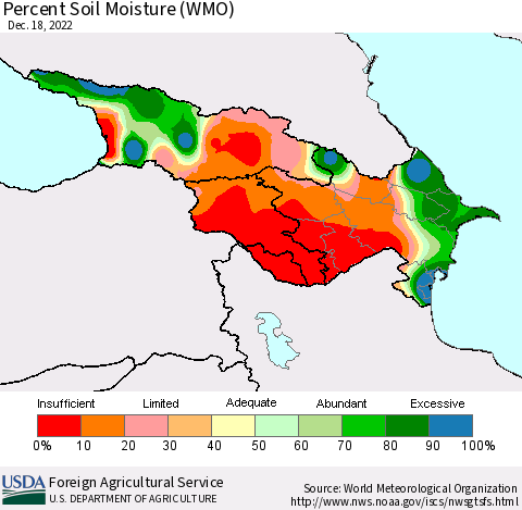 Azerbaijan, Armenia and Georgia Percent Soil Moisture (WMO) Thematic Map For 12/12/2022 - 12/18/2022