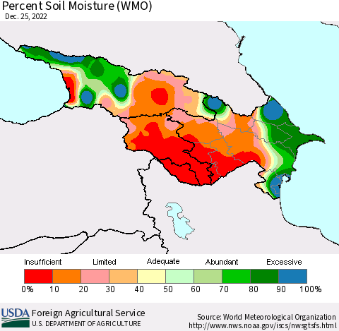 Azerbaijan, Armenia and Georgia Percent Soil Moisture (WMO) Thematic Map For 12/19/2022 - 12/25/2022