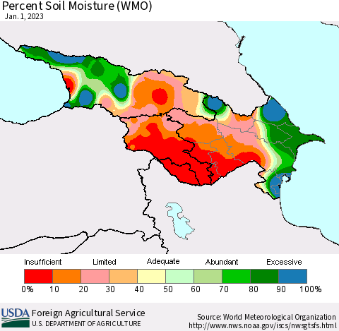 Azerbaijan, Armenia and Georgia Percent Soil Moisture (WMO) Thematic Map For 12/26/2022 - 1/1/2023