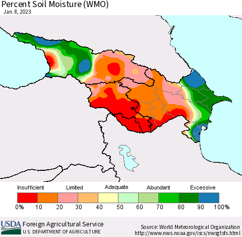 Azerbaijan, Armenia and Georgia Percent Soil Moisture (WMO) Thematic Map For 1/2/2023 - 1/8/2023