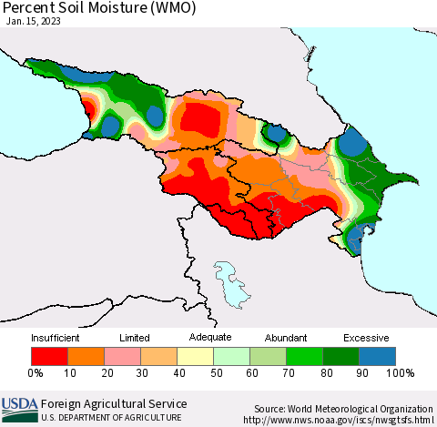 Azerbaijan, Armenia and Georgia Percent Soil Moisture (WMO) Thematic Map For 1/9/2023 - 1/15/2023