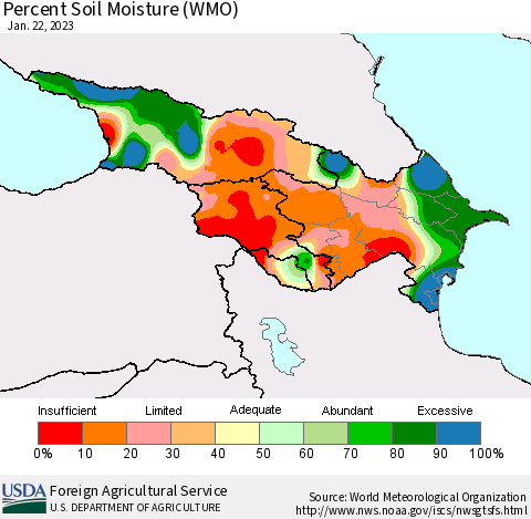 Azerbaijan, Armenia and Georgia Percent Soil Moisture (WMO) Thematic Map For 1/16/2023 - 1/22/2023