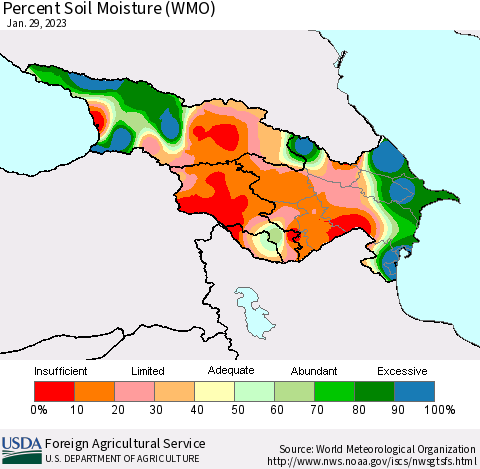 Azerbaijan, Armenia and Georgia Percent Soil Moisture (WMO) Thematic Map For 1/23/2023 - 1/29/2023