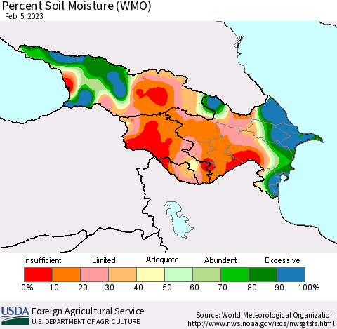 Azerbaijan, Armenia and Georgia Percent Soil Moisture (WMO) Thematic Map For 1/30/2023 - 2/5/2023