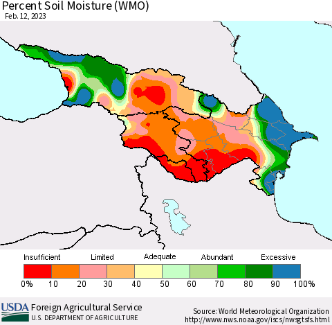 Azerbaijan, Armenia and Georgia Percent Soil Moisture (WMO) Thematic Map For 2/6/2023 - 2/12/2023