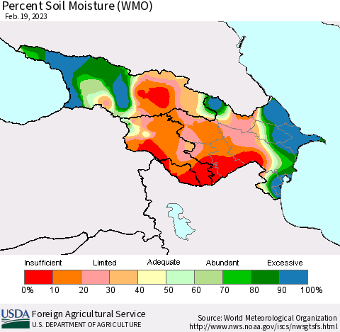 Azerbaijan, Armenia and Georgia Percent Soil Moisture (WMO) Thematic Map For 2/13/2023 - 2/19/2023