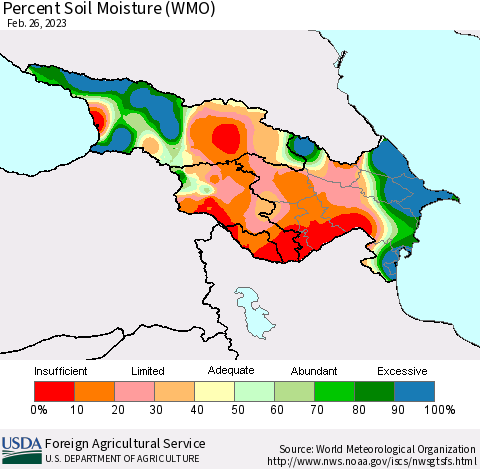 Azerbaijan, Armenia and Georgia Percent Soil Moisture (WMO) Thematic Map For 2/20/2023 - 2/26/2023