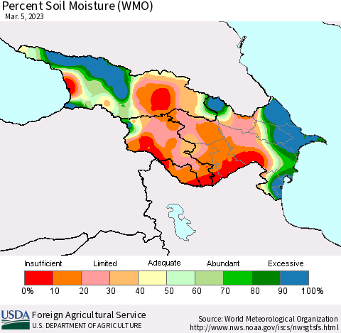 Azerbaijan, Armenia and Georgia Percent Soil Moisture (WMO) Thematic Map For 2/27/2023 - 3/5/2023
