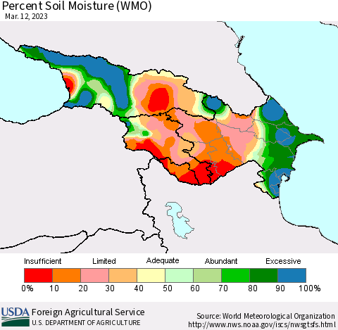 Azerbaijan, Armenia and Georgia Percent Soil Moisture (WMO) Thematic Map For 3/6/2023 - 3/12/2023