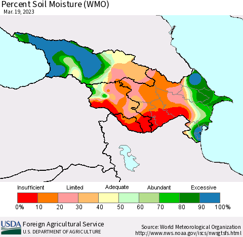 Azerbaijan, Armenia and Georgia Percent Soil Moisture (WMO) Thematic Map For 3/13/2023 - 3/19/2023