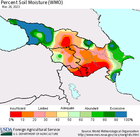 Azerbaijan, Armenia and Georgia Percent Soil Moisture (WMO) Thematic Map For 3/20/2023 - 3/26/2023