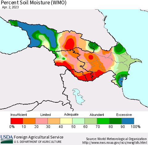 Azerbaijan, Armenia and Georgia Percent Soil Moisture (WMO) Thematic Map For 3/27/2023 - 4/2/2023