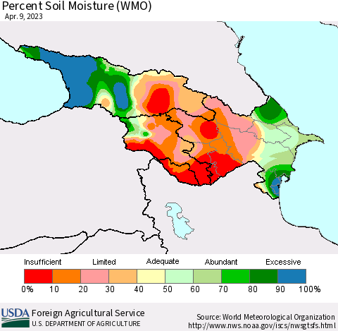 Azerbaijan, Armenia and Georgia Percent Soil Moisture (WMO) Thematic Map For 4/3/2023 - 4/9/2023