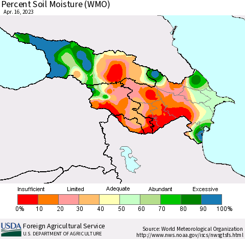 Azerbaijan, Armenia and Georgia Percent Soil Moisture (WMO) Thematic Map For 4/10/2023 - 4/16/2023