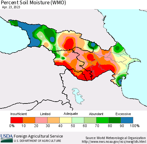 Azerbaijan, Armenia and Georgia Percent Soil Moisture (WMO) Thematic Map For 4/17/2023 - 4/23/2023