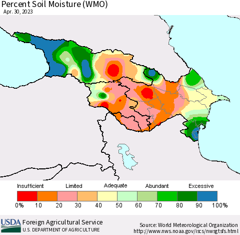Azerbaijan, Armenia and Georgia Percent Soil Moisture (WMO) Thematic Map For 4/24/2023 - 4/30/2023