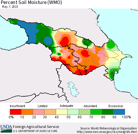 Azerbaijan, Armenia and Georgia Percent Soil Moisture (WMO) Thematic Map For 5/1/2023 - 5/7/2023