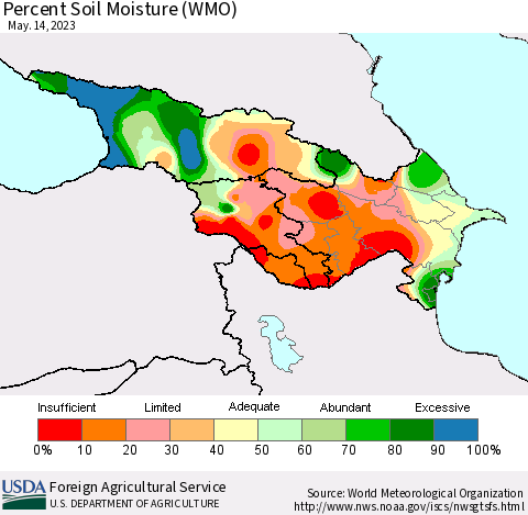 Azerbaijan, Armenia and Georgia Percent Soil Moisture (WMO) Thematic Map For 5/8/2023 - 5/14/2023