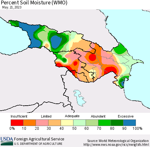 Azerbaijan, Armenia and Georgia Percent Soil Moisture (WMO) Thematic Map For 5/15/2023 - 5/21/2023
