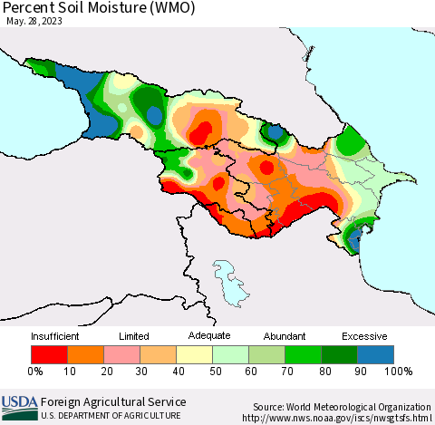 Azerbaijan, Armenia and Georgia Percent Soil Moisture (WMO) Thematic Map For 5/22/2023 - 5/28/2023