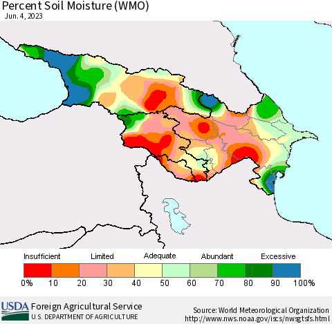Azerbaijan, Armenia and Georgia Percent Soil Moisture (WMO) Thematic Map For 5/29/2023 - 6/4/2023